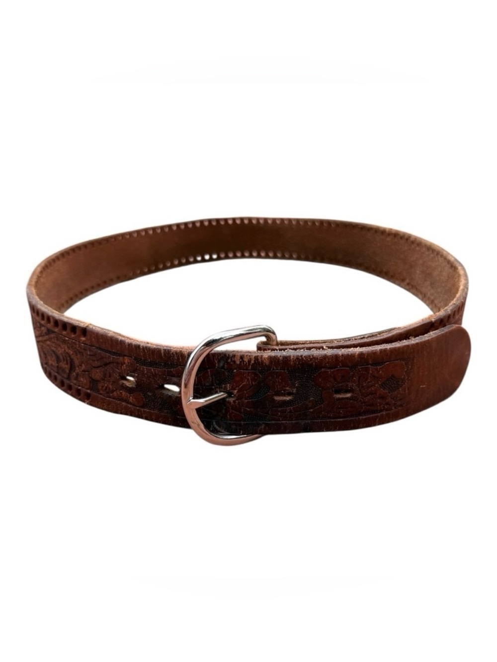 Vintage Tooled Leather Western Belt Brown Silver Buckle - Size 34